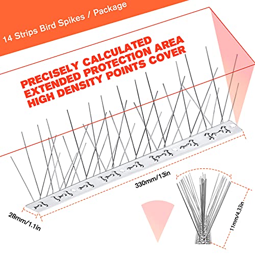 WELLUCK Bird Spikes for Small Birds Pigeons, 15 Feet /14 Strips Anti Bird Fence Spike, Nest Prevention Bird Off Spike Repellent, Stainless Steel, Smooth Polishing Harmless Deterrent