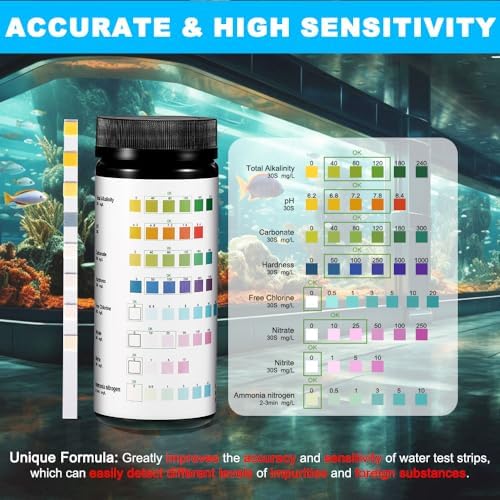 8 in 1 Aquarium Test Kit Fish Tank Test Strips Accurate Water Quality Testing Strips for Ammonia PH Total Alkalinity Carbonate Hardness Free Chlorine Nitrate Nitrite Temperature (150 Strips)
