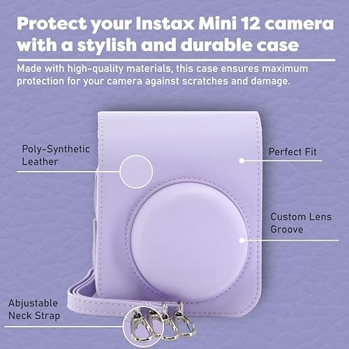 Fujifilm Instax Mini 12 Instant Camera Bundle with Fujifilm Instax Mini Instant Film Value Pack (60 Sheets) with Accessories Including Protective Case, Strap, Photo Album (Lilac Purple)