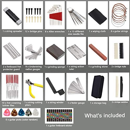 72PCS Guitar Tool Kit，Professional Guitar Repairing Maintenance Tool Kit with Guitar Strings Picks Bridge Pins Gauge Guitar Accessories Gift for Acoustic Guitar Electric guitar Ukulele Bass Banjo