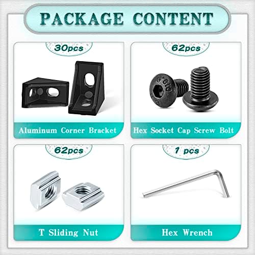 30 Set Black 2020 Series Aluminum Extrusion Profile Connector, Includes 1pc Wrench, 30pcs 2028 Corner Bracket, 60pcs T-Slot Sliding Nuts and M5 Hex Screw Bolt for 20S Aluminum Rail Accessories