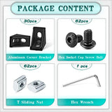 30 Set Black 2020 Series Aluminum Extrusion Profile Connector, Includes 1pc Wrench, 30pcs 2028 Corner Bracket, 60pcs T-Slot Sliding Nuts and M5 Hex Screw Bolt for 20S Aluminum Rail Accessories