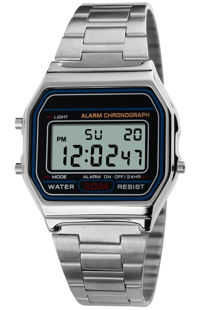 Unisex Men's Digital Watch Silver Stainless Steel LED Backlit Electronic Multifunction Date Alarm Stopwatch Square Woman Waterproof Sport Watches (Silver)