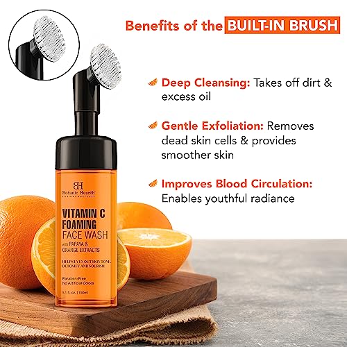 Botanic Hearth Vitamin C Foaming Face Wash with Papaya & Orange | Extracts Built-In Silicone Brush | For Cleansing & Glowing Skin | Paraben & Sulphate Free | Face Cleanser for Women & Men | 5.1 fl oz
