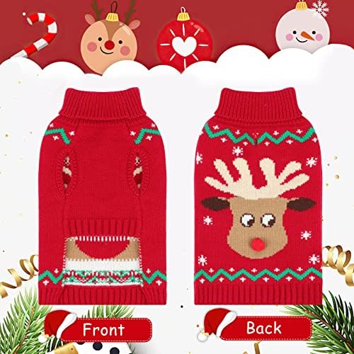HUMLANJ Christmas Dog Turtleneck Sweater Winter Reindeer Snowflake Sweater with Leash Hole Puppy Knitwear Pullover Holiday Sweaters for Small Medium Large Dogs XXL