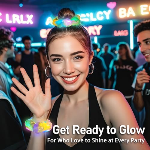20PCS Glow in the Dark Scrunchies, Light Up Scrunchies for Girls & Women, Led Hair Scrunchies for Party Supplies, Rave Hair Accessories for Glow Neon Sleepover Party Favors