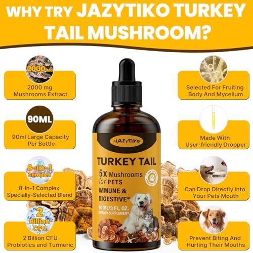 Turkey Tail Mushroom for Dogs - Faster Absorption 2000mg Turkey Tail Mushroom for Immune & Digestive, Joint, Energy, 5X Mushrooms for Pet Drop with Turmeric & Probiotic - Vet Formulated 900ML