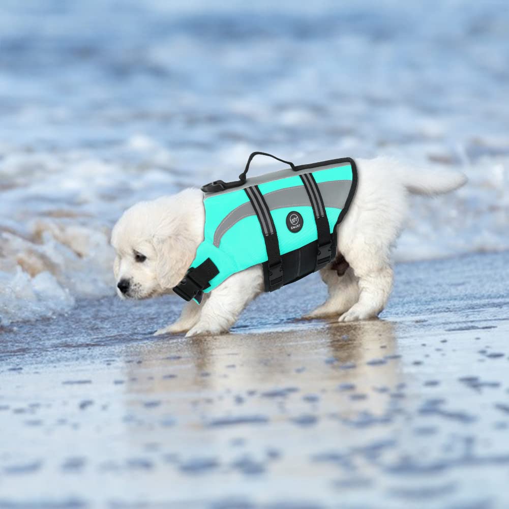 EMUST Dog Life Vests, Adjustable Dog Life Jackets for Small Dogs with Enhanced Buoyancy, Small Dogs Flotation Vest with Durable Rescue Handle, Turquoise,XS