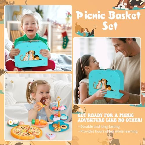 Kids Picnic Basket, Toy Food for Toddlers 1-3, Play Food Sets for Kids Kitchen Role Playset with Carry Case Fake Food Fruit Play Kitchen Accessories, Birthday for Toddler Girls Boys