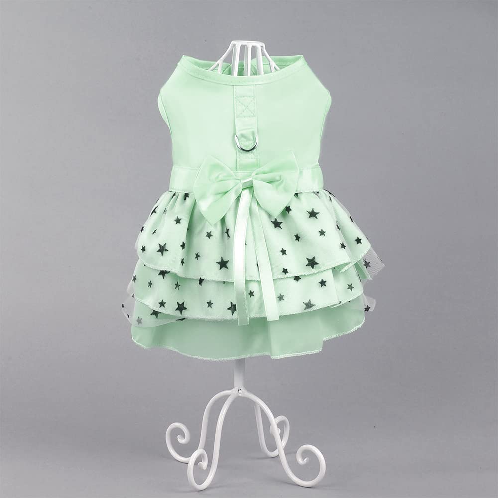 Hdwk&Hped 2-pck Small Dog Dress with Leash Ring, Pentagram Bow Multi-Layer Princess Dog Dress Puppy Cat Walking Dress Pink Green #4
