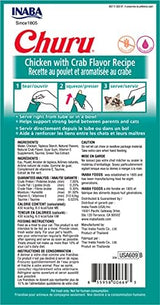 INABA Churu Cat Treats, Grain-Free, Lickable, Squeezable Creamy Purée Cat Treat/Topper with Vitamin E & Taurine, 0.5 Ounces Each Tube, 24 Tubes (4 per Pack), Chicken with Crab Recipe