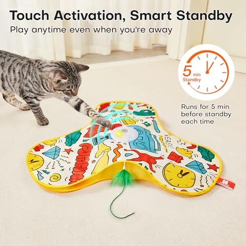 Potaroma Cat Feather Toys Interactive, Unpredicatable in-The-Cover Moving Feather, Hide and Seek Kitten Wand Toy, Rechargeable Automatic Indoor Cat Toy, Exercise Kicker for All Breeds, Graffiti Cover