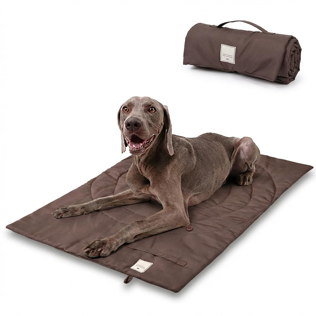 Travel Dog Bed | Camping Dog Bed | 37.4"x25.6" Waterproof Outdoor Dog Mat | Portable Place Mat for Dogs with Handle | Machine Washable | Easy Clean for Outdoor Adventures (Brown)