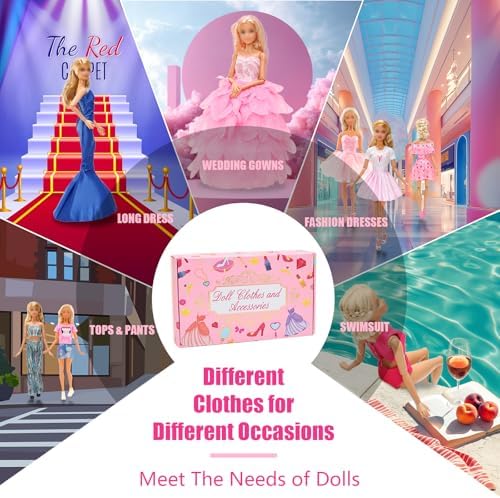 57 PCS Doll Clothes and Accessories 3 Wedding Gowns 3 Tops 3 Pants 3 Fashion Dresses 1 Evening Dresses 2 Swimsuits Bikini 6 Braces Skirt 10 Hangers 15 Shoes and 14 Accessories Toys for 11.5 inch Doll