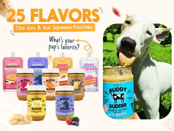 Bow-Wow Blueberry (probiotic + prebiotic) + Cranberry Canine (hip + joint) BUDDY BUDDER, 100% Natural Dog Peanut Butter, Healthy Peanut Butter Supplements, Made in USA (17oz jars)