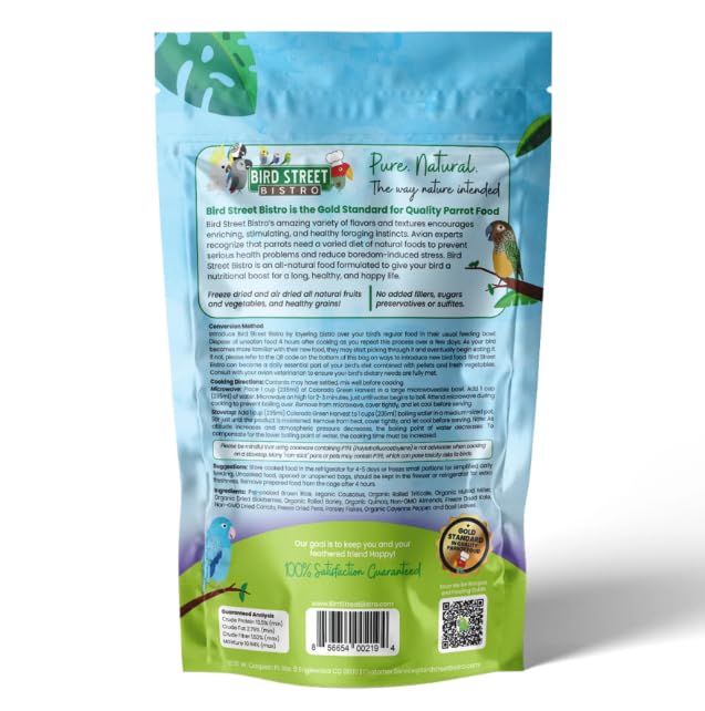 Bird Street Bistro Parrot Food - Parrot Food - Cooks in 3-15 min w/Natural Whole Grains, Legumes, Non-GMO Fruits, Vegetables & Health-Oriented Spices.