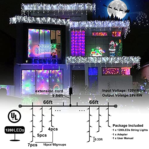 132ft Icicle Lights for Outside, 1280 LED White Christmas Lights Outdoor with 240 Twinkle Drops, 8 Modes Plug in Waterproof Timer Memory for Tree Wedding Party House Patio Eave Yard Holiday Decoration