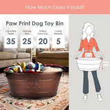 BREKX Indestructible Metal Dog Toy Bin - Copper Galvanized Storage Bin with Handles, Dog Toy Box for Dog Chew Toys, Blankets, & Leashes, Paw Pet Toy Box (25-Quart)