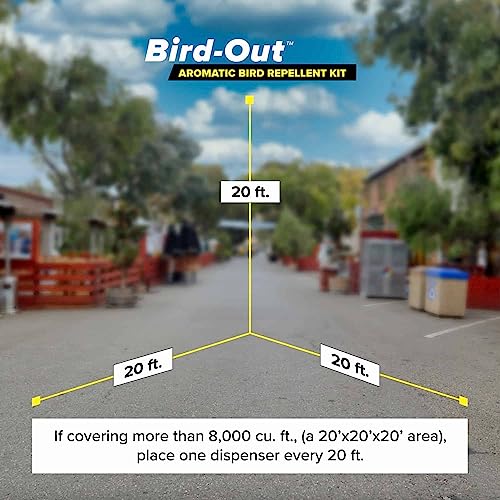 Bird B Gone - Bird-Out Aromatic Bird Repellent Kit - Dispenser & Cartridge - Humane Bird Deterrent Covers 8,000 cu ft (20'x20'x20') - for Patios, Decks, Yards - Easy, Scalable, & Discreet Solution