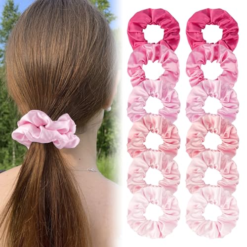 Satin Scrunchies Set of 12 - Elastic Silk Bubble for Girls, Pink Hair Accessories and Valentine's Day Gifts