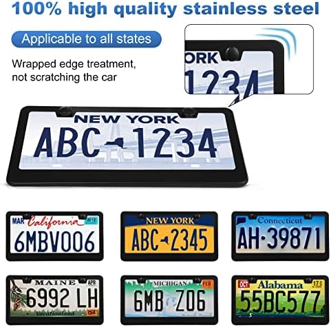 2 Pack License Plate Frames, Stainless Steel Car License Plate Cover Car Accessories with Screw Caps (Black)