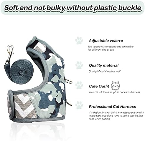 Cat Harness and Leash for Walking Escape Proof, Adjustable Cat Vest Harness, Padded Stylish Cat Walking Jackets, Grey Camo, X-Small
