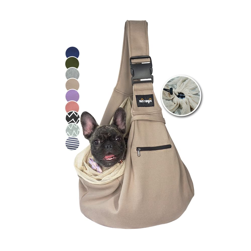 NATUYA Pet Dog Sling Carrier - Dog Sling with Net Bag for Carrier Dogs Cats-Hands Free Pet Bag-Buckle net Pocket pet Bag (Khaki)
