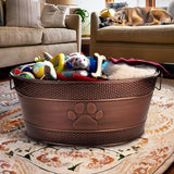 BREKX Indestructible Metal Dog Toy Bin - Copper Galvanized Storage Bin with Handles, Dog Toy Box for Dog Chew Toys, Blankets, & Leashes, Paw Pet Toy Box (25-Quart)