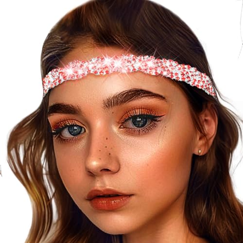 Fstrend Crystal Elastic Headband Valentine's Day Gold Headpieces Sparkle Rhinestone Hair Accessories Brithday Dating Head Chain for Women(Red A)