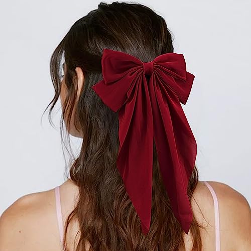Hair Bow Clip, 2 Pcs Silky Satin Hair Bows for Women Hair Ribbons Oversized Long Tail Black Hair Bow and Red Hair Bow Hair Barrettes, Metal Clips Bowknot Hair Accessories, Christmas Gifts
