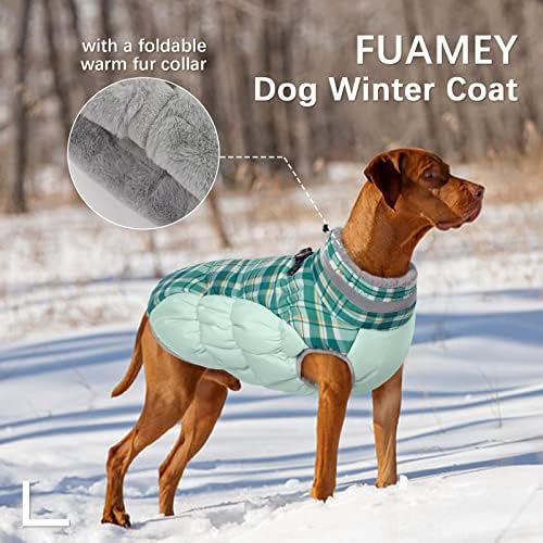 FUAMEY Dog Winter Coat - Jacket with Built-in Harness, Padded Vest for Cold Weather, Reflective Clothes for Small to Large Dogs, Green Plaid
