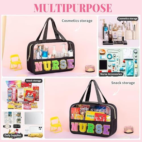 Chenille Letter Nurse Bag Gifts for Women - Clear, Waterproof Nylon Portable Toiletry Bag with Handle and Zipper, Nurse Accessories for Work
