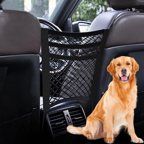 GAOSPD Dog Car Barrier Net with Storage Pockets Universal Adjustable 3-Layer Pet Cars Barrier with 4 Hooks for SUVs & Sedans Keep Pets Safe & Car Organized Cars Mesh Organizerm (M)