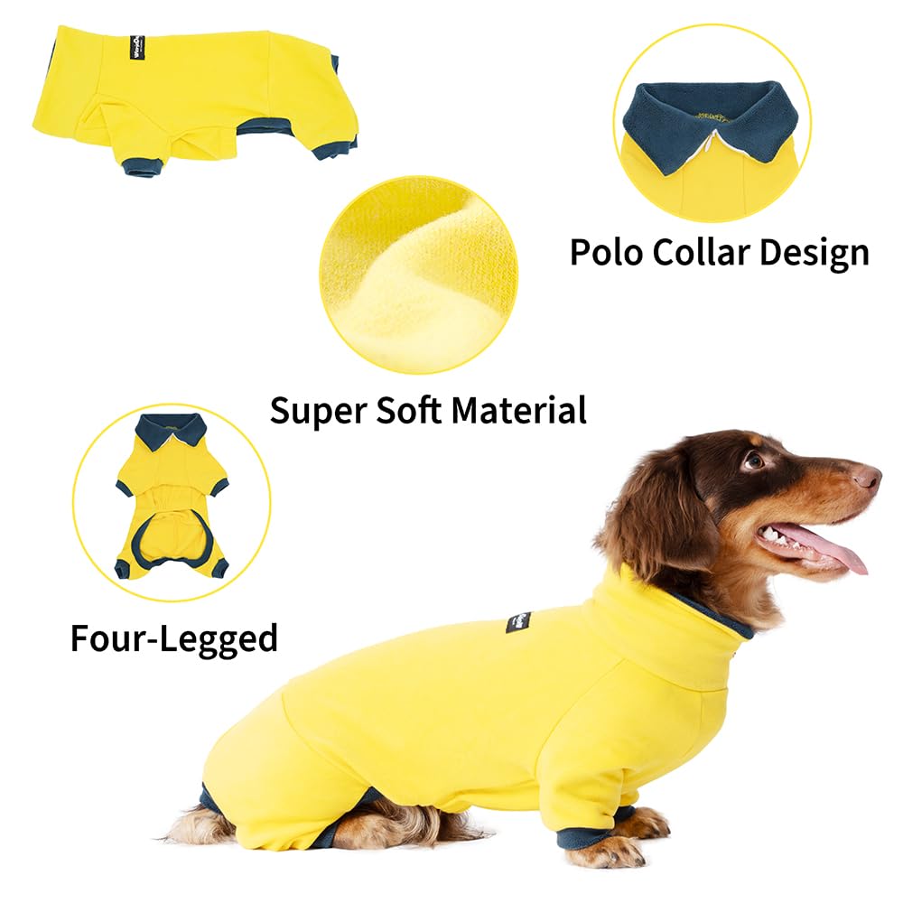 WienieDay Dachshund Dog Turtleneck Sweater, Adjustable Polo Collar with Zipper, Four-Legged Warm Double Fleece, Stretchy Clothes for Mini Dachshunds (Yellow, X-Small)