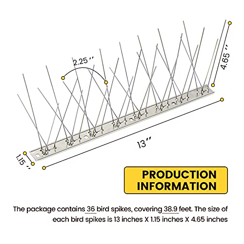 KKY 36 Pack Bird Spikes –13 inch Anti-Bird Nails Bird Repellent Metal Bird Deterant Spinners of Stainless Steel Bird Spikes for Pigeon and Other Small Birds 38.9 Ft