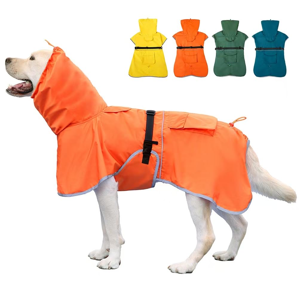 KOOGAL Reflective Dog Raincoat Waterproof Adjustable Dog Hooded Poncho Raincoat for Medium Large Dogs, Lightweight Pet Rain Jacket (Orange, 3XL)