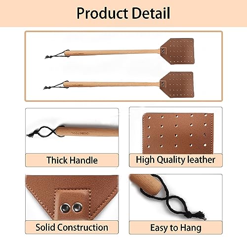 DEBETOOL Fly Swatter Set - 2 Pack Wooden Leather Fly Swatter with Hanging Rope, Heavy Duty Fly Swatter for Indoors and Outdoors (2 Brown)