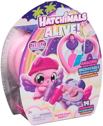 Hatchimals Alive, Neon Rainbow Bestie Pool Party with 2 BFF Figures in Color Reveal Eggs, 14 Accessories, Kids Toys for Ages 3 and up