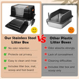 Vivifying Stainless Steel Litter Box, XL Side Entry Extra Large Litter Box with Lid for Big Cats & Kitty, Removable Enclosed Metal Cat Pan with High Sided Enclosure, Scoop, Mat, Footboard (Black)