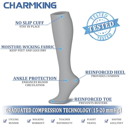 CHARMKING Compression Socks for Women & Men (8 Pairs) 15-20 mmHg Graduated Copper Support Socks are Best for Pregnant, Nurses - Boost Performance, Circulation, Knee High & Wide Calf (L/XL, Multi 50)