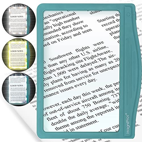 MagniPros 5X Large LED Page Magnifier for Reading Magnifying Reader with 3 Color Lighting Modes & Anti-Glare Lens to Reduce Eye Strain-Perfect for Small Prints, Aging Eyes, Low Vision and Seniors