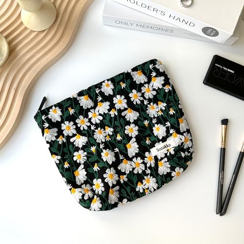Makeup Bag Cosmetic bag Preppy Canvas Embroidery Toiletry Bag for women Cute zipper pouch Organizer Travel accessories (Little Daisy-Black, Large)