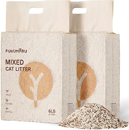 FUKUMARU Tofu Cat Litter, 12 LBS Clumping Cat Litter, Dust Free, Natural, Unscented, Flushable, Lightweight, Low Tracking, Mixed Apple Wood, 24/7 Odor Control, 6lb x 2bags