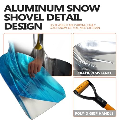 FORCOLID Aluminum Snow Shovel, Snow Shovel for Driveway, Metal Scoop Shovel Heavy Duty, 45 Inch, D-Handle, Transfer Shovel for Feed, Snow or Coal(Large Handle)