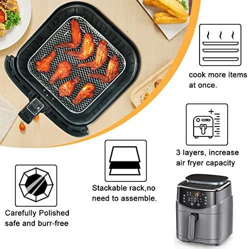BYKITCHEN 8 inch Square Air Fryer Rack, Set of 3, Stackable Multi-Layer Stainless Steel Dehydrator Rack, Square Air Fryer Accessories for Cosori, Instant Vortex, Nuwave Airfryer, Ninja Foodi Grill