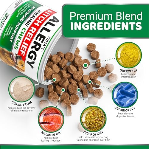 YUMA'S Dog Allergy Relief Chews - Dog Itching Skin Relief Treatment Pills - 170 Treats - Anti-Itch Chewables - Itchy and Paw Licking - Hot Spots - Omega 3 Fish Oil - Dry Skin & Coat Supplement