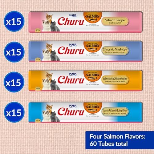 INABA Salmon Churu Cat Treats, Lickable, Squeezable Creamy Purée Cat Treat with Green Tea Extract & Taurine, 0.5 Ounces Each Tube, 60 Tubes, Salmon Variety Box