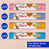 INABA Salmon Churu Cat Treats, Lickable, Squeezable Creamy Purée Cat Treat with Green Tea Extract & Taurine, 0.5 Ounces Each Tube, 60 Tubes, Salmon Variety Box