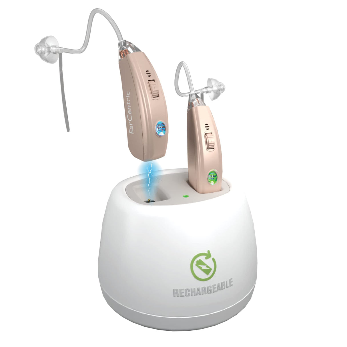 EarCentric EasyCharge2 Hearing Aid (Set of 2), Advanced Rechargeable Behind-The-Ear (BTE) Ear Aid for Seniors, Crystal Clear Sound with Noise Cancellation, 4 Adaptive Programs