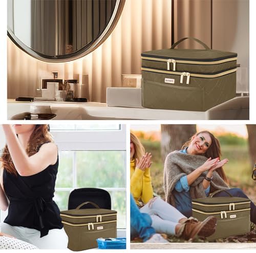 Double Layer Travel Makeup Bag Women, Large Cosmetic Case, Organizer for Travel-Size Accessories Bottles, Brushes, and Skin Care Products (Brown, Double-Layer)